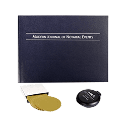 notary event journal, stamp pad, and gold foil seals